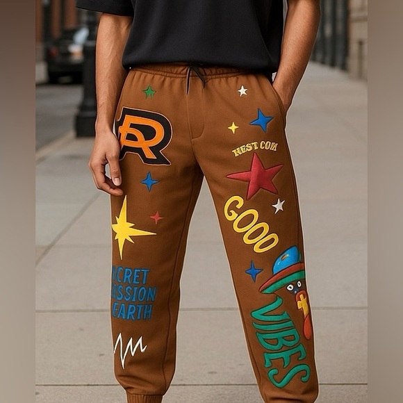 FIRST ROW Alien Fleece Pants sweatpants puff print adjustable waist brown medium - Picture 1 of 14